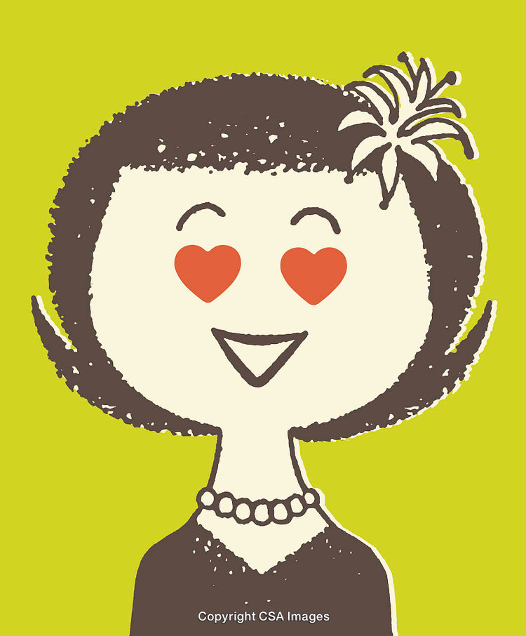 Colorful Illustration of a Smiling Woman with Heart Eyes on a Vibrant Background