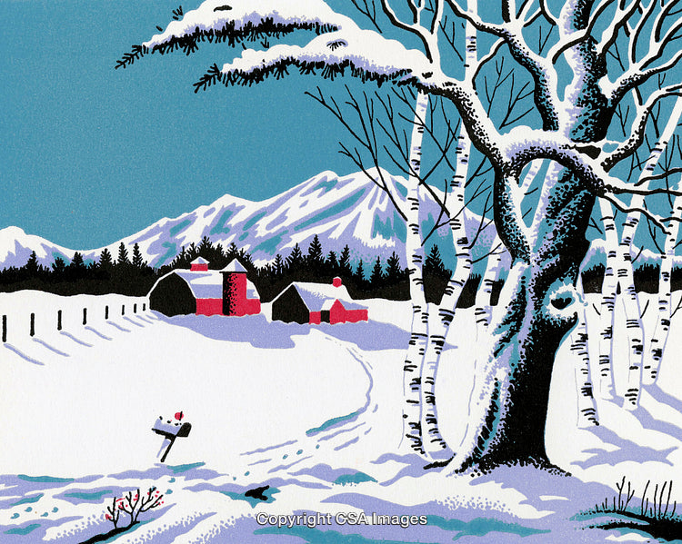 Snow-Covered Winter Landscape with Farmhouses and Mountains