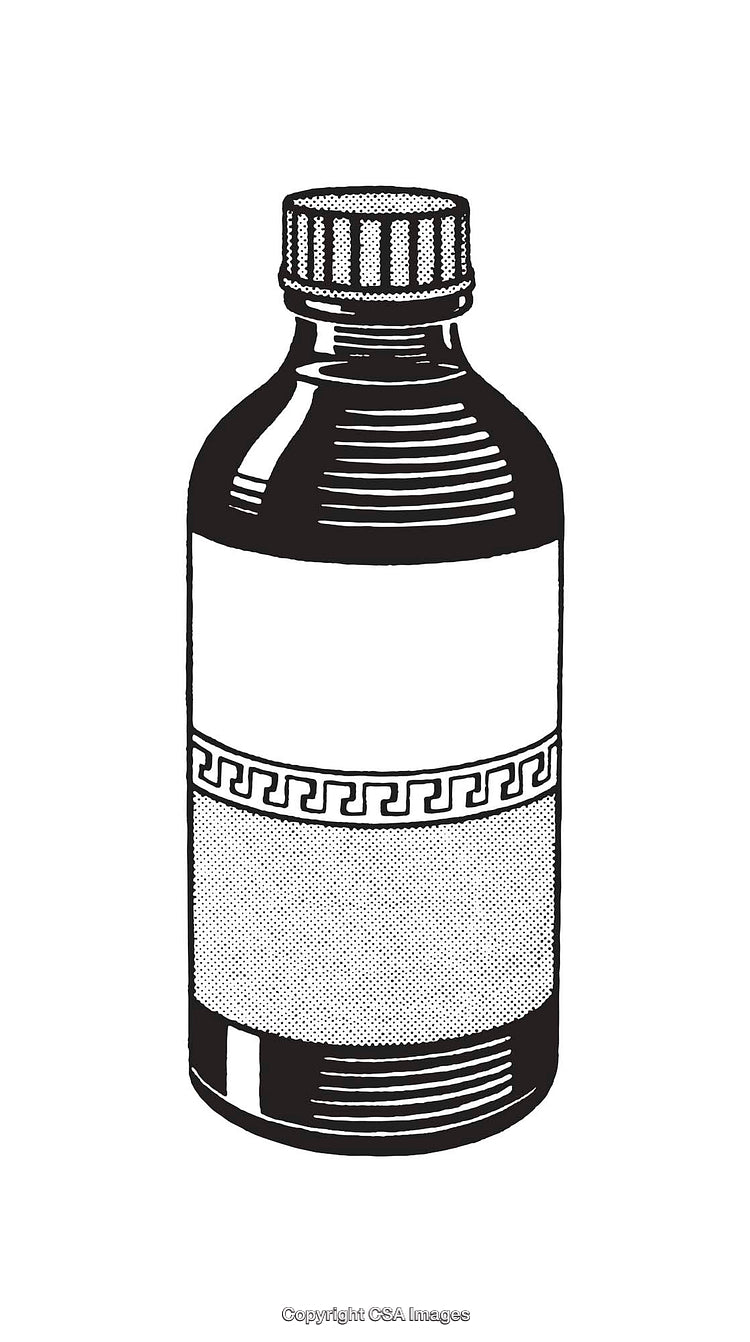 Black and White Illustration of a Medicine Bottle with Geometric Design