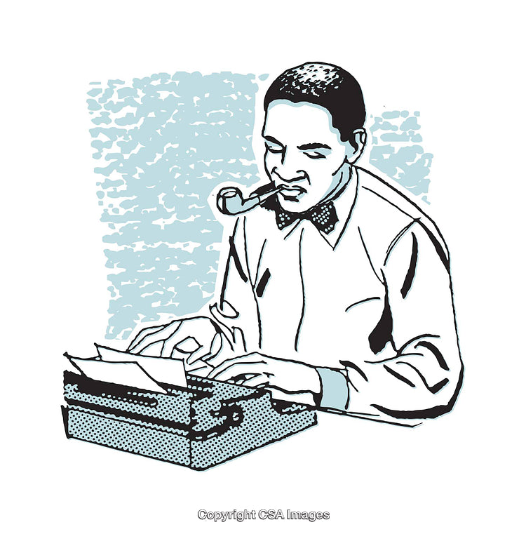 Illustration of a Writer Typing on a Typewriter While Smoking a Pipe