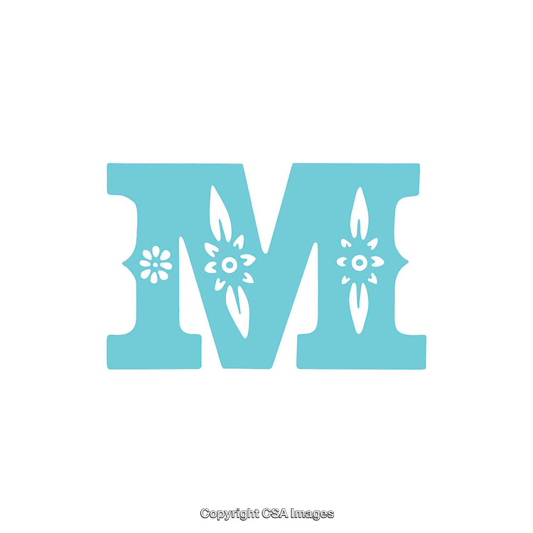Decorative Letter M with Elegant Floral Patterns in Blue on White