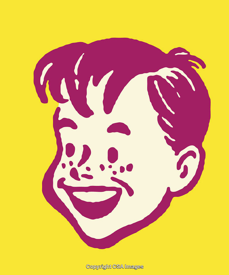 Colorful Retro Illustration of a Smiling Boy on Vibrant Yellow Background