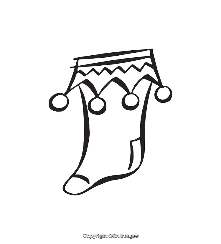 Black and White Line Art Drawing of a Decorative Christmas Stocking