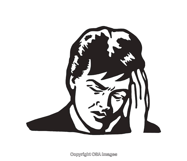 Black and White Line Art of a Pensive Person Holding Head