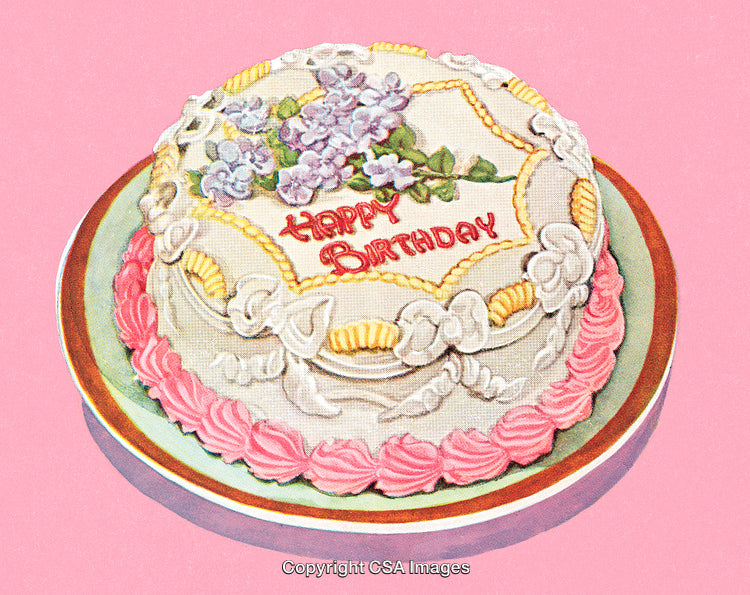 Elegant Birthday Cake with Floral Design and Pink Accents on a Plate