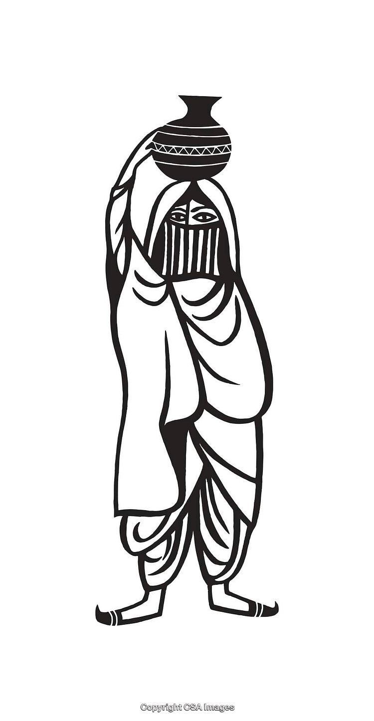 Black and White Line Art of a Veiled Figure Carrying a Traditional Pot