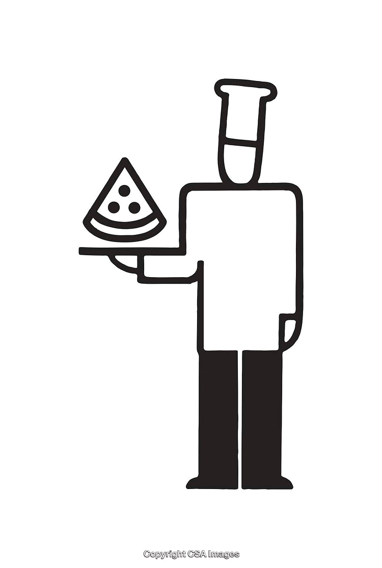 Monochrome Line Art Illustration of a Chef Holding a Slice of Pizza