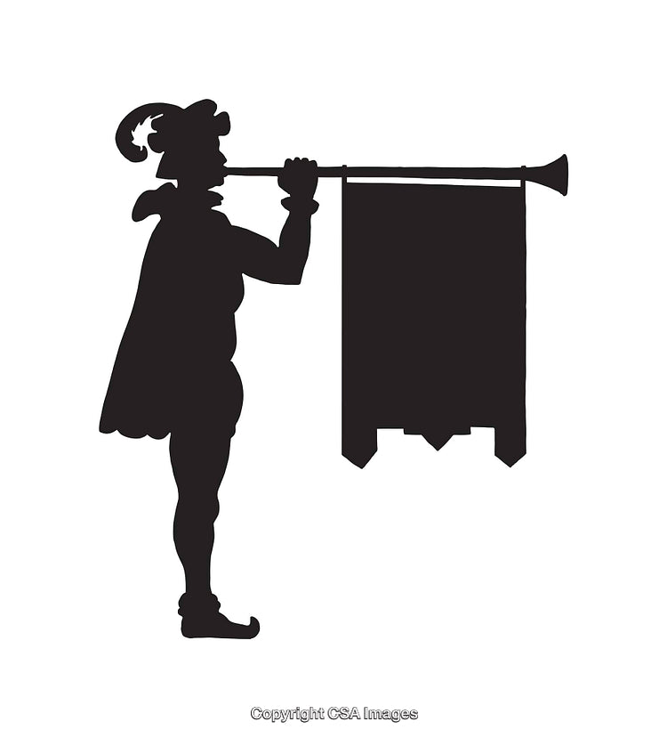 Silhouette of Medieval Herald Blowing a Trumpet with Decorative Banner