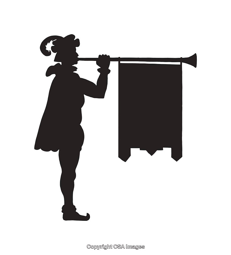 Silhouette of Medieval Herald Blowing a Trumpet with Decorative Banner