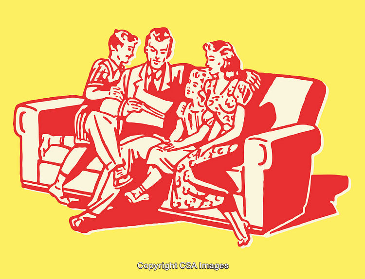 Retro Illustration of a Family Reading Together on a Couch
