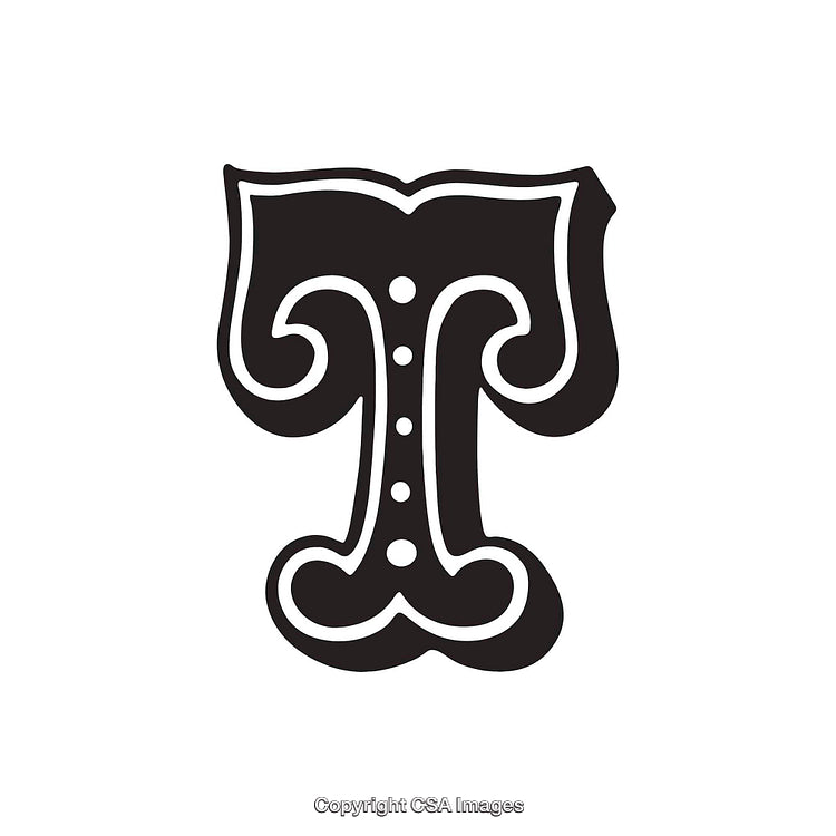 Ornate Decorative Letter T with Vintage Design Elements in Black