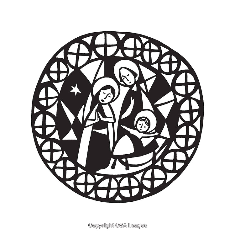 Black and White Illustration Depicting a Religious Family Scene