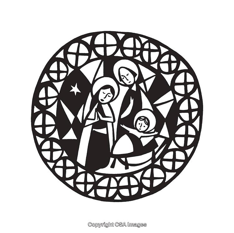 Black and White Illustration Depicting a Religious Family Scene