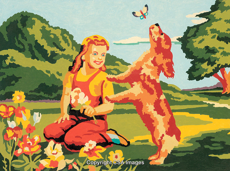 Cheerful Girl with Playful Dog in Vibrant Garden Landscape Illustration