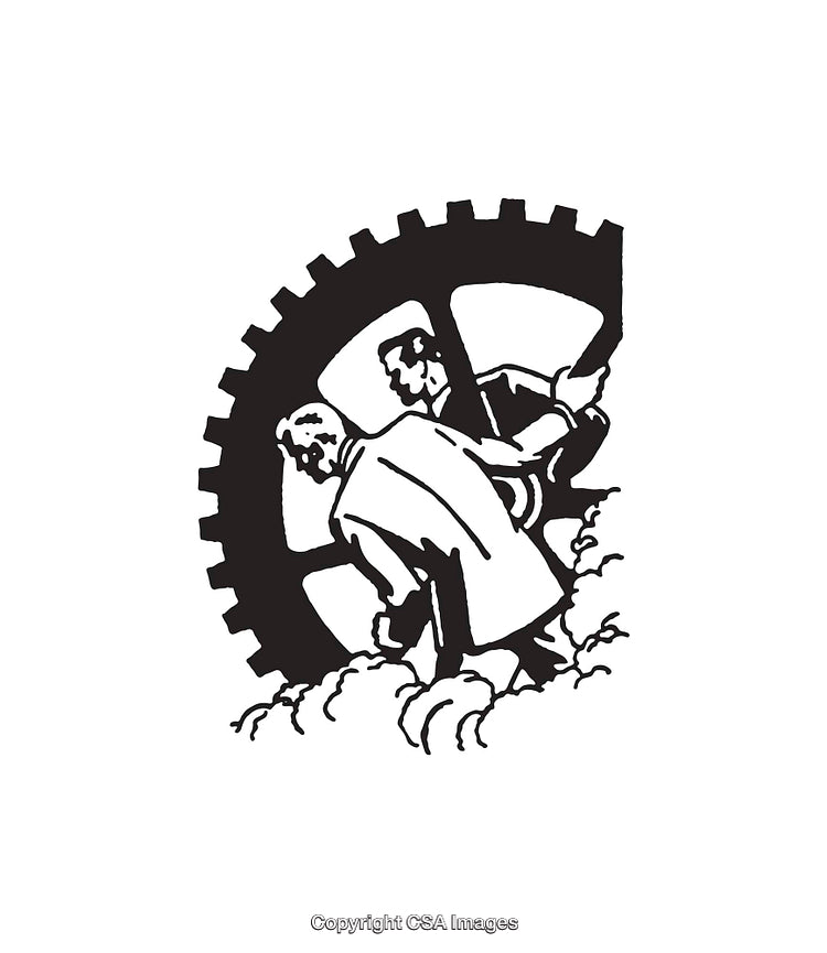 Industrial Workers Collaborating in Gear Machinery Line Art Illustration