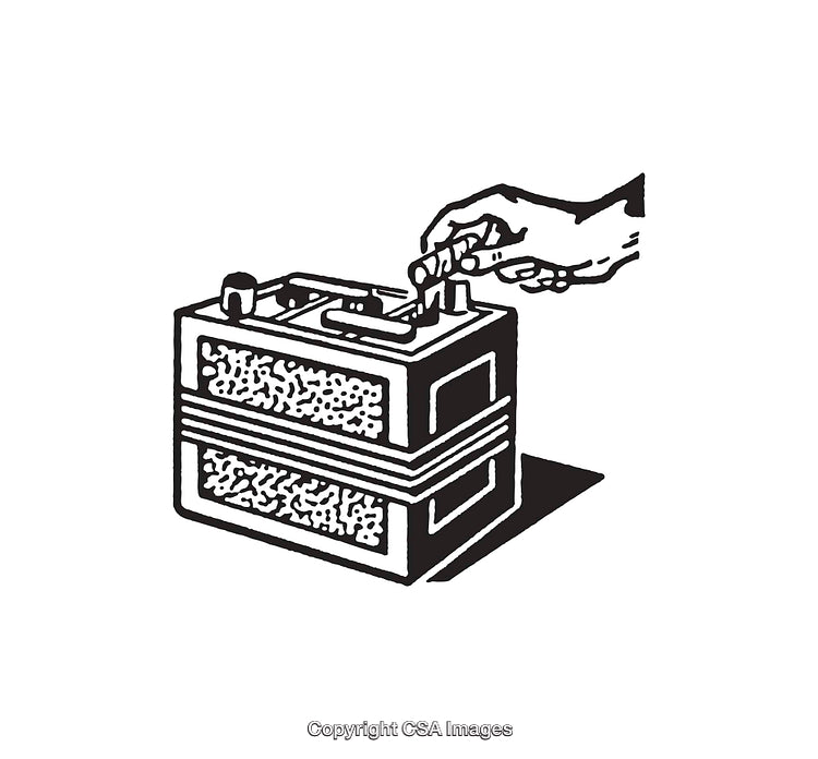 Hand Connecting Terminals on a Vehicle Battery in Vintage Line Art Style