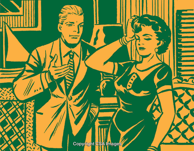 Retro Pop Art Scene Depicting a Couple in a Vibrant Conversation