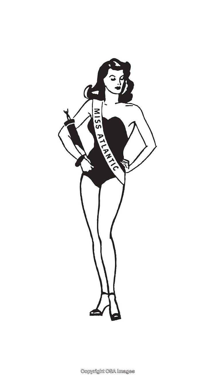 Black and White Illustration of a Beauty Pageant Line Art Character