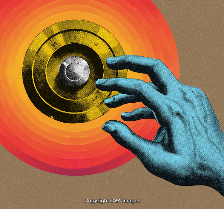 Artistic Representation of a Hand Adjusting a Safe Dial with Vibrant Colors