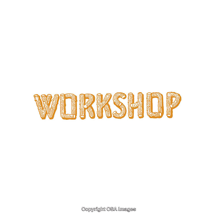 Abstract Word Artwork Depicting 'Workshop' in Orange Outline Design