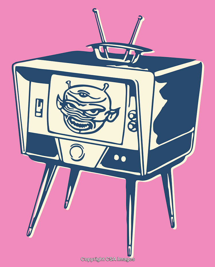 Retro Television Featuring Creative Monster Art on Vibrant Pink Background