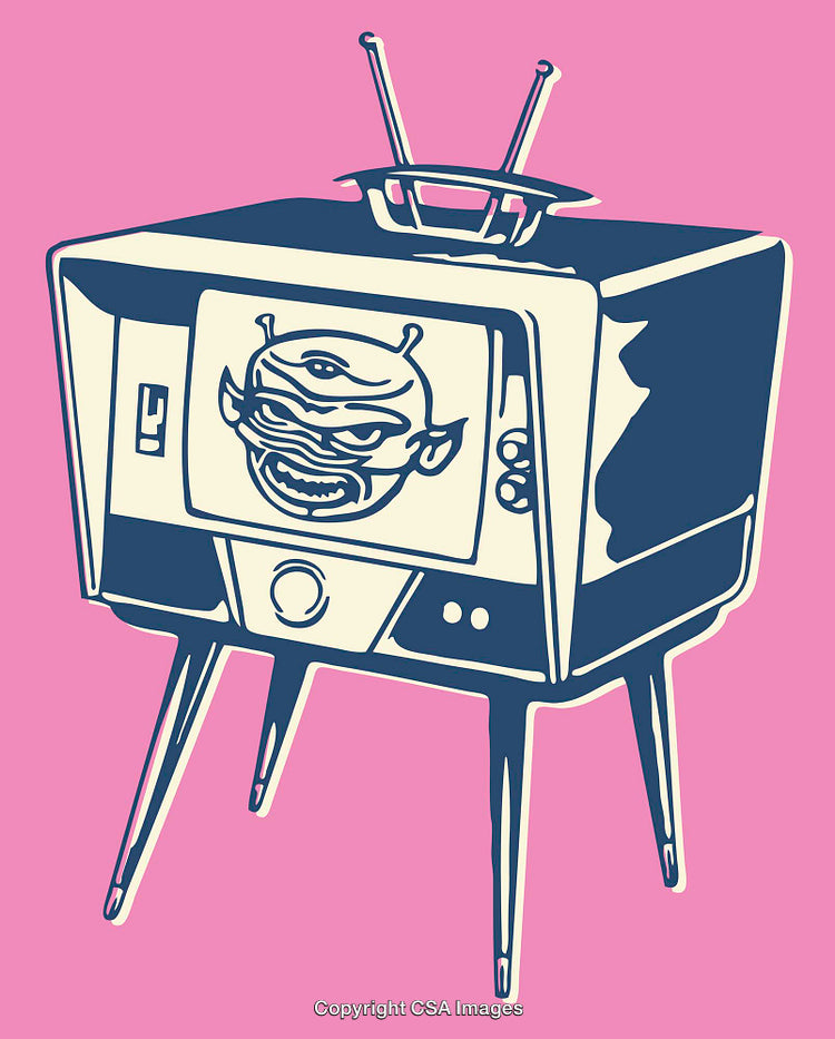 Retro Television Featuring Creative Monster Art on Vibrant Pink Background