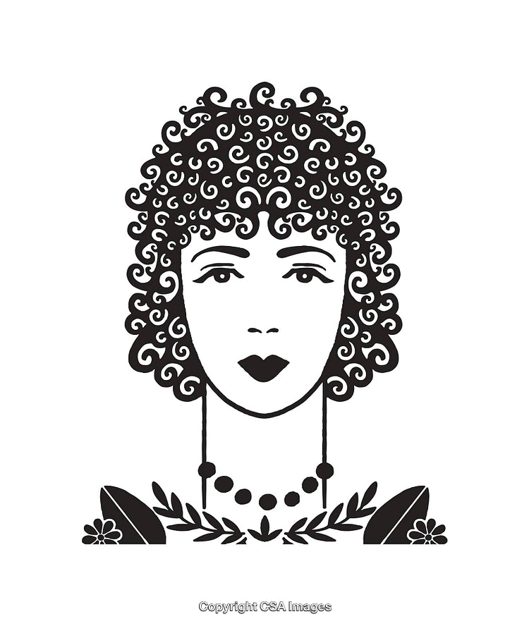 Black and White Line Art Illustration of Curly Haired Woman