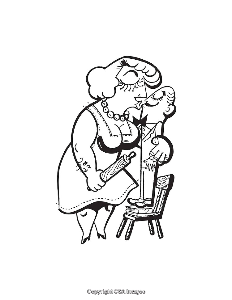 Black and White Cartoon Illustration of Romantic Couple in Comedic Scene