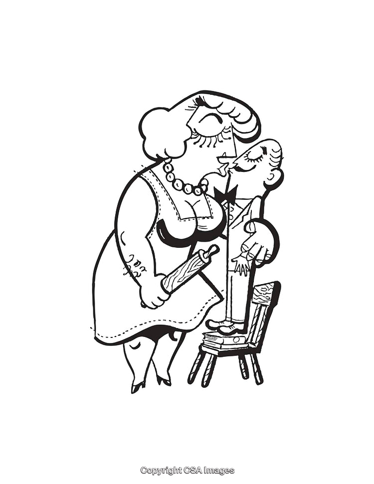 Black and White Cartoon Illustration of Romantic Couple in Comedic Scene