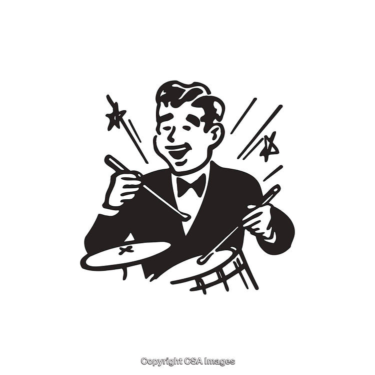 Retro Black and White Illustration of a Cheerful Drummer at Work