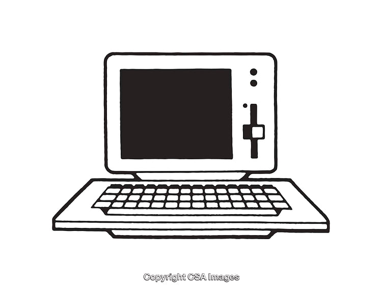 Simple Black and White Line Art Illustration of a Retro Computer