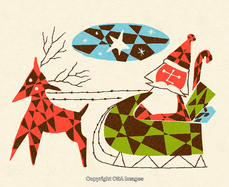 Retro Christmas Illustration Featuring Santa in Sleigh With Reindeer and Starry Sky