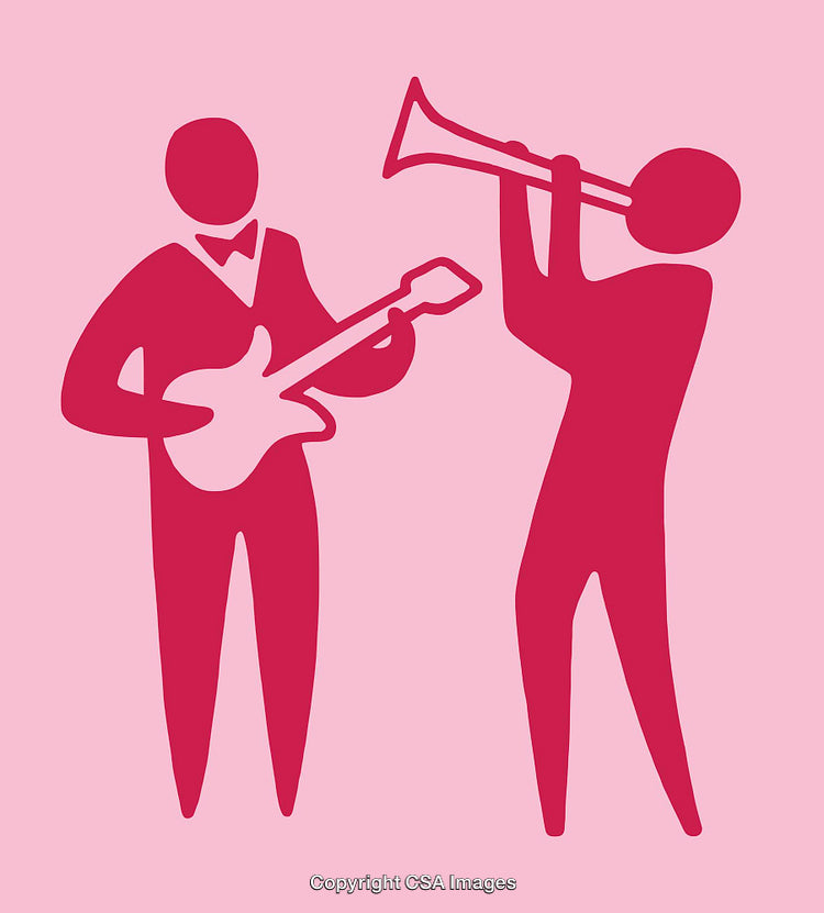 Silhouetted Music Duo with Trumpet and Guitar Illustration on Pink Background