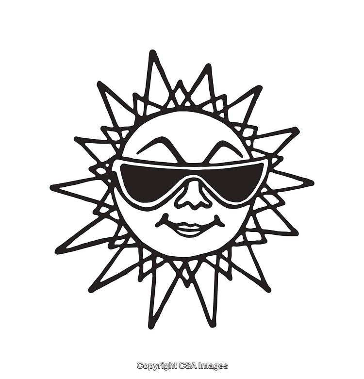 Stylish Sun Wearing Sunglasses as Black and White Line Art Illustration