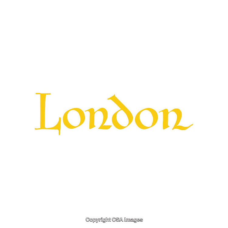 Stylized Yellow Lettering Depicting the Word London on White Background