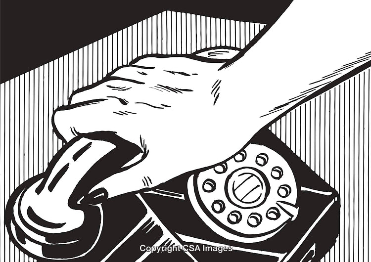 Hand Holding a Telephone Receiver Over a Retro Rotary Dial Phone
