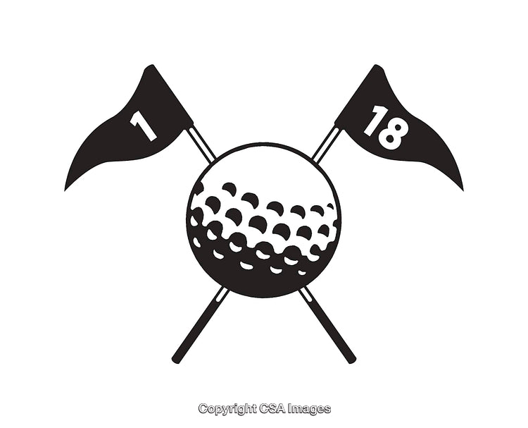Black and White Line Art Golf Icon with Flags and Ball