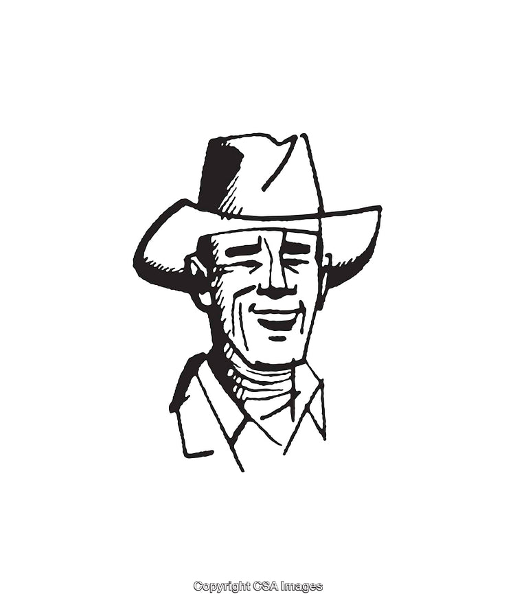 Black and White Line Art of a Smiling Cowboy Wearing a Hat