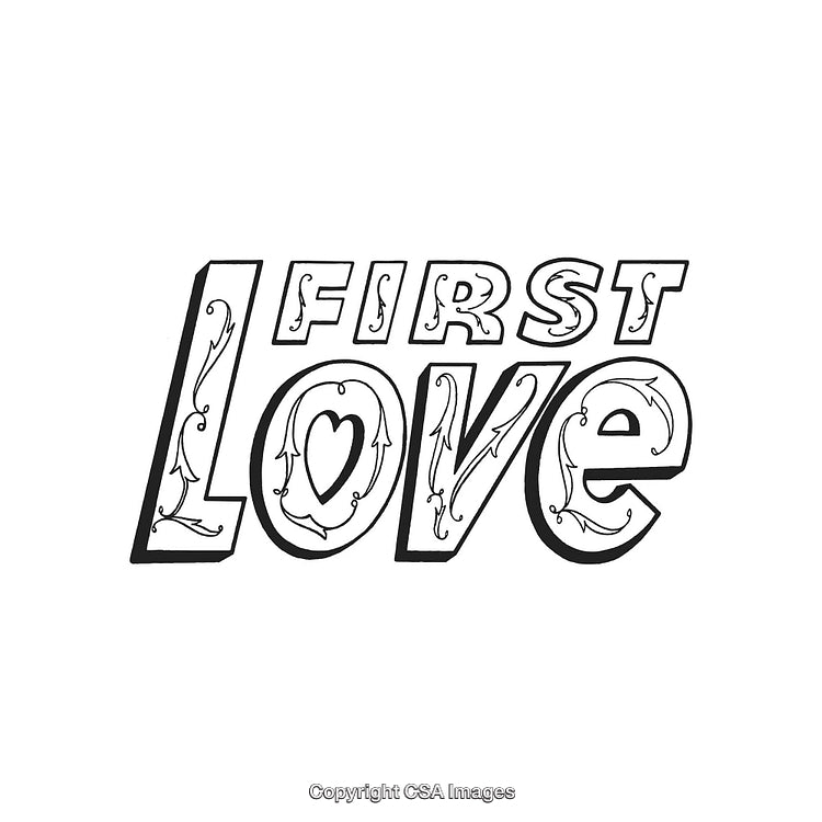 Decorative Hand-Drawn Lettering of 'First Love' with Heart and Arrow Motifs