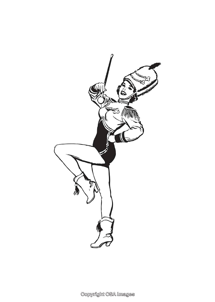 Retro Cheerleader in Marching Band Uniform Holding a Baton