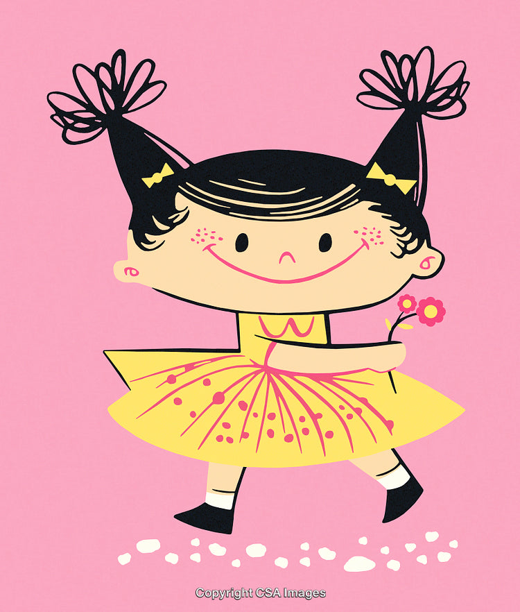 Smiling Cartoon Girl with Pigtails and Flower in Bright Yellow Dress