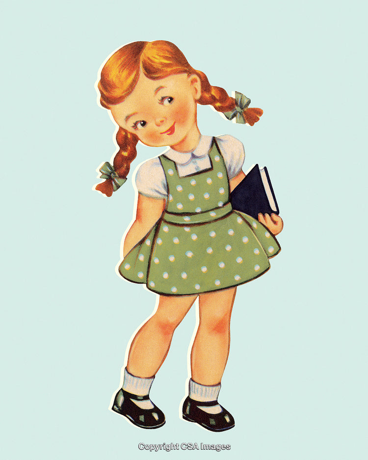 Vintage Styled Illustration of a Girl Holding a Book in Polka Dot Dress