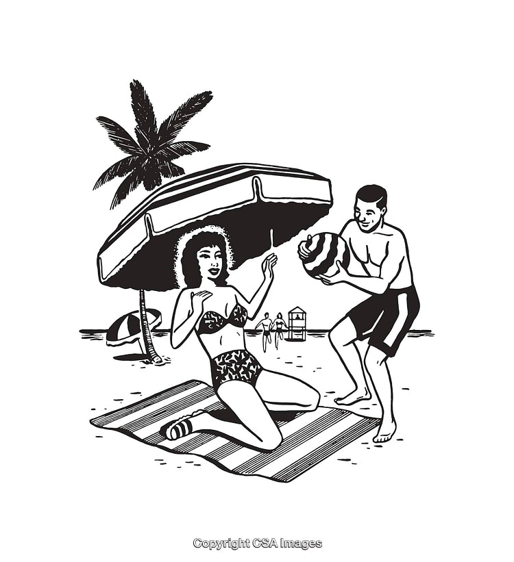 Retro Beach Scene in Black and White Line Art Style Illustration