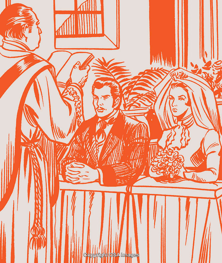 Vintage Illustration of a Wedding Ceremony Featuring a Bridal Couple and Minister