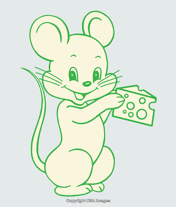 Playful Mouse Holding Cheese in Delightful Green Line Art Style Illustration