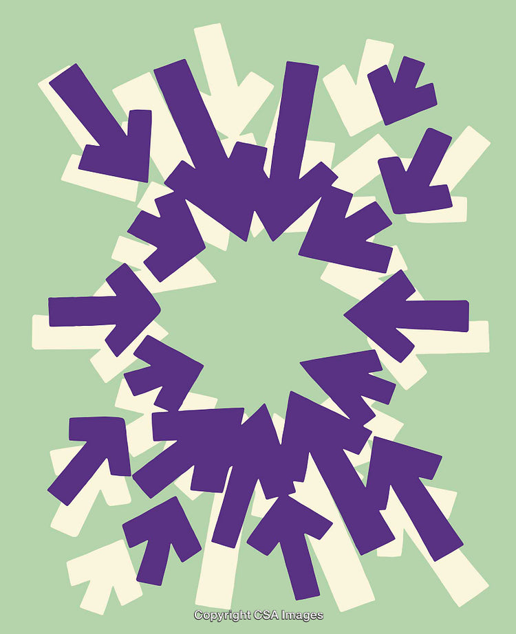 Abstract Composition of Arrows in Purple and White on Green Background