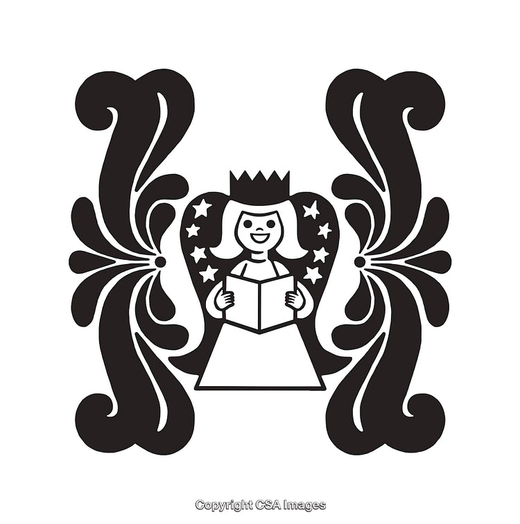 Elegant Black and White Decorative Illustration Featuring a Crowned Character