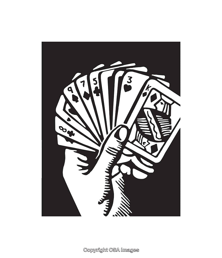 Black and White Line Art of a Hand Holding Playing Cards