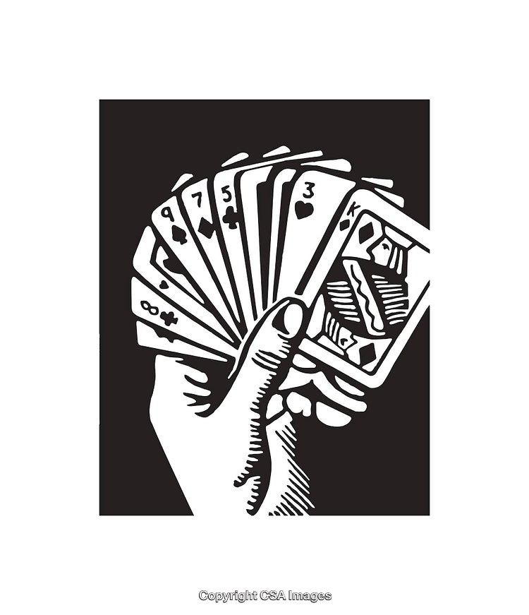 Black and White Line Art of a Hand Holding Playing Cards