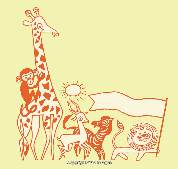 Colorful Line Art Illustration Featuring Safari Animals in a Playful Scene